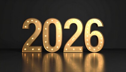 Illuminated marquee letters spell &ldquo;HAPPY NEW YEAR 2026&rdquo; in warm festive lights against a dark backdrop.