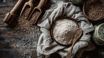 Rustic baking ingredients on wooden table with flour and grains