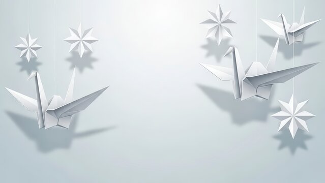 Elegant Origami Cranes and Stars on a Soft Blue Background. - Powered by Adobe