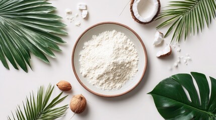Coconut powder and nuts with tropical leaves on white background