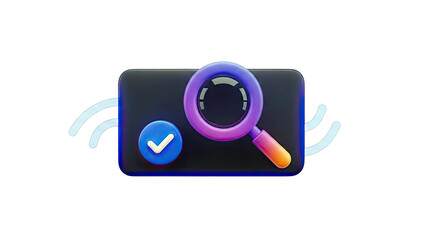 3D Search Icon with Checkmark and Signal Waves