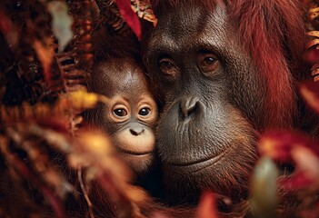 A tender and heartwarming close-up portrays a protective mother orangutan cuddling her adorable baby amidst a vibrant array of warm, reddish-brown autumn leaves.