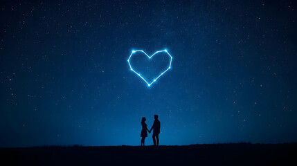 Obraz premium Romantic Silhouette of a Couple Looking at Heart Shaped Stars in Night Sky
