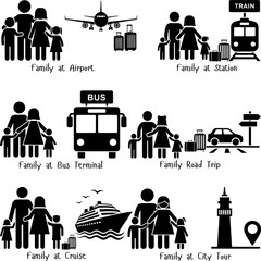 Family Travel and Transportation Methods Icon Set Vector