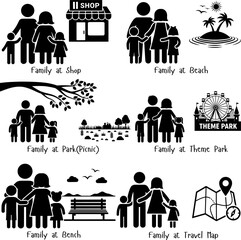 Happy Family Outing and Vacation Concept Stick Figure Illustrations