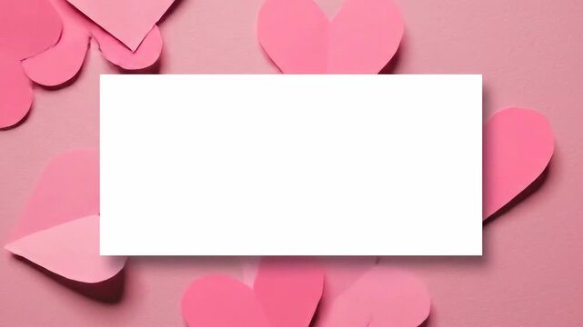 A white rectangular text box centered on a pink background surrounded by scattered pink heart shapes