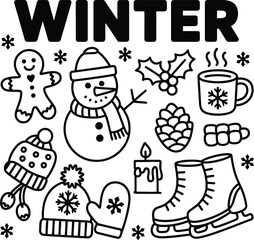 Fototapeta premium A black and white illustration of winter themed objects including the word Winter