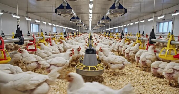 A bustling poultry farm with chickens roaming freely on a bed of wood shavings under bright lights