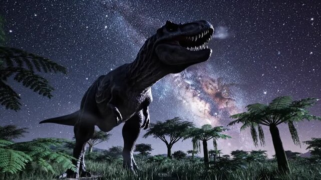 Tyrannosaurus dinosaur standing in a prehistoric landscape. Dark night sky with stars and galaxy. Prehistoric trees and foliage. Dinosaur roar. Vector illustration.