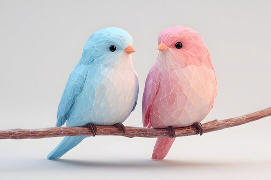 love birds sitting on tree branch on white background. valentine&rsquo;s day romantic vibe.