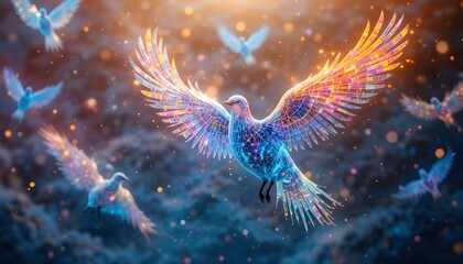 Ultra-detailed birds made of light and color, flying freely in the air, abstract futuristic background, 4K digital artwork