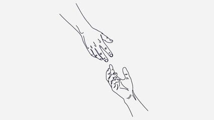 Two hands reaching out to each other in a minimalist line drawing style.