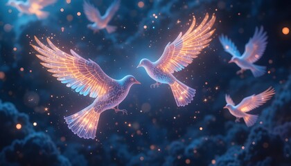 Ultra-detailed birds made of light and color, flying freely in the air, abstract futuristic background, 4K digital artwork