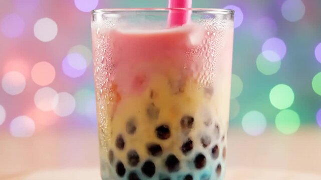 Colorful boba drink with tapioca pearls and blurred background