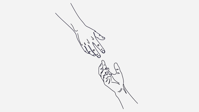Two hands reaching out to each other in a minimalist line drawing style.