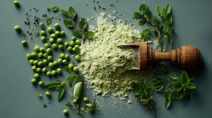 Peas and pea powder with fresh mint leaves on green background