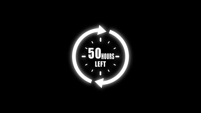 White circular countdown timer with a neon glow showing fifty hours remaining and two arrows on a dark black background