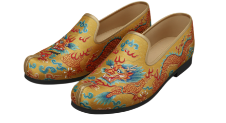 Elegant pair of golden dragon embroidered shoes isolated on transparent background, perfect for special occasions