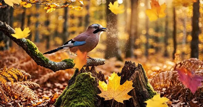 A colorful jay bird perched on a mossy log amidst falling autumn leaves in a serene forest