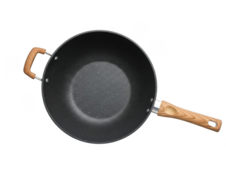 Non stick frying pan with wooden handle on black background