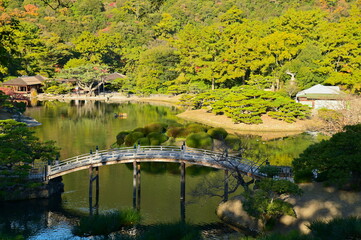 Ritsurin Garden Pond and Bridge Landscape, Kagawa Prefecture, Japan