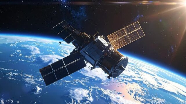 Satellite orbiting Earth in space, solar panels, technology, science.