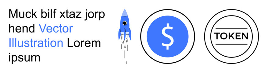 Obraz premium Cryptocurrency, startup growth, blockchain, finance, digital economy, investment tools. Rocket launching, currency symbols. Cryptocurrency and startup growth concepts