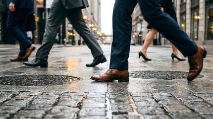 Fototapeta premium Business people in professional attire walk briskly on a wet, cobblestone city street after rainfall, creating a dynamic urban scene.