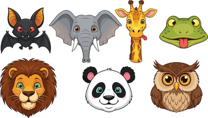 Cute cartoon animal faces collection, lion panda elephant giraffe owl bat frog characters illustration isolated white background vector icons set © MD SHAHARIR