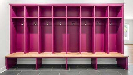 Empty modern locker room with purple cubbies and wooden benches, indoor sports facility, clean and organized view