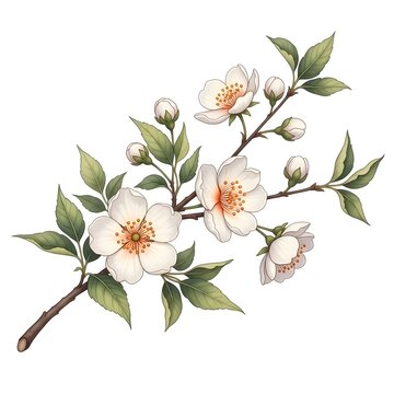 Blooming white flowers on a branch with green leaves