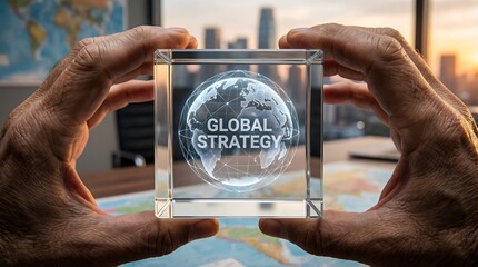 Hands firmly hold a crystal cube displaying a holographic globe with "GLOBAL STRATEGY," overlooking a golden city at sunset.