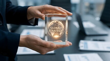 A business person's hands gently hold a crystal cube displaying a glowing holographic globe with "GLOBAL STRATEGY," in a meeting room.