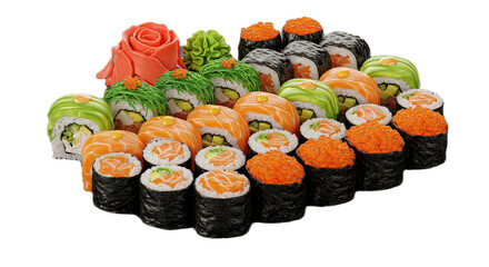 Delicious sushi set isolated on transparent background, a colorful and tasty assortment of japanese cuisine