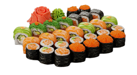 Delicious sushi set isolated on transparent background, a colorful and tasty assortment of japanese cuisine