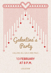 Galentine's Day party invitation template. Art deco style.  Female friends gathering announcement. Design for social posts, posters, flyers.