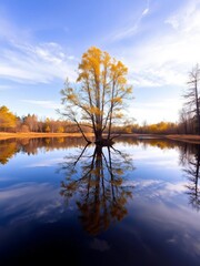 Obraz premium A tranquil lake reflecting the surrounding trees and sky, a perfect mirror, sky, peace