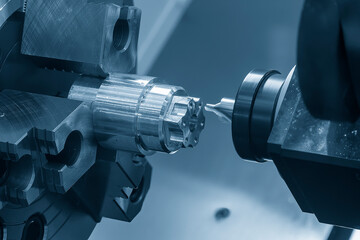 The multi tasking CNC lathe machine Swiss type drill cutting process the metal tube parts in the light blue scene.