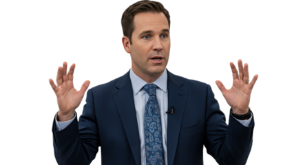 Confident man in suit gesturing with hands isolated on transparent background, conveying authority and expertise
