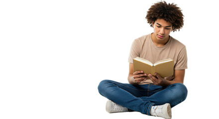 Young man with afro hair sitting cross legged on the floor reading a book isolated on transparent background