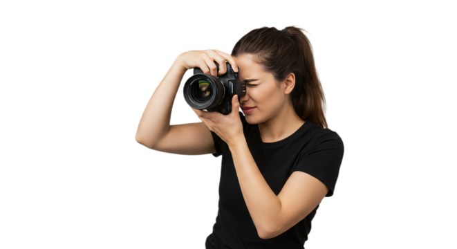Young woman with professional camera isolated on transparent background takes a photo in studio - Powered by Adobe