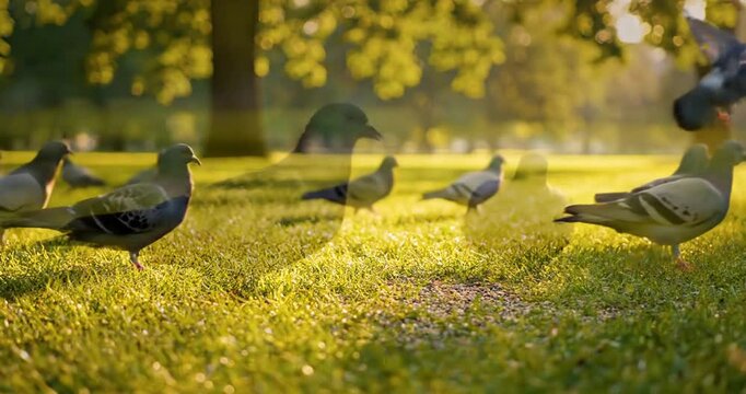 Flock of pigeons foraging on lush green grass in a sunlit park surrounded by trees