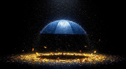 Digital Protection Concept with Glowing Umbrella Shield and Golden Data Particles on Dark Background
