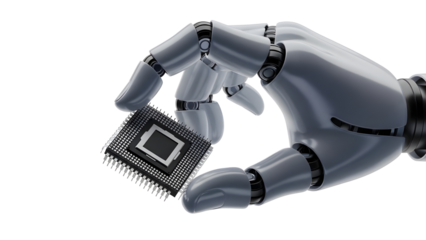 3D Render of Robotic Hand Holding Microchip on White Background