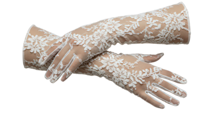 Graceful hands in white lace gloves isolated on transparent background, a symbol of elegance and timeless fashion