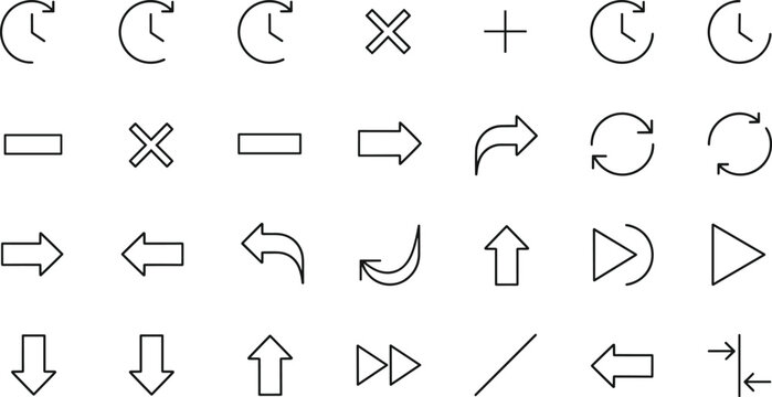 Essential linear vector arrow icon set featuring directional navigation pointers refresh symbols undo redo actions and interface movement signs for web development.