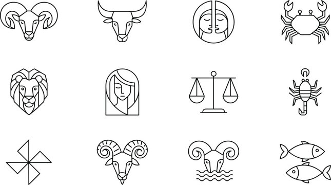 Complete linear vector zodiac icon set featuring minimalist astrological signs including Aries Taurus Gemini Cancer Leo Virgo Libra Scorpio and Pisces for horoscopes.