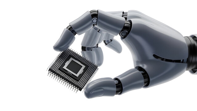 3D Render of Robotic Hand Holding Microchip on White Background