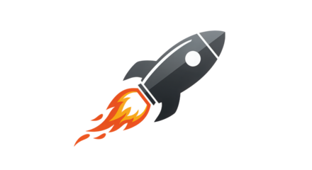 Illustration of a gray rocket ship launching with flames isolated on transparent background, symbolizing ambition and innovation