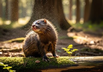 A wild mink or ferret shakes water from its fur in a beautiful sunlit woodland scene